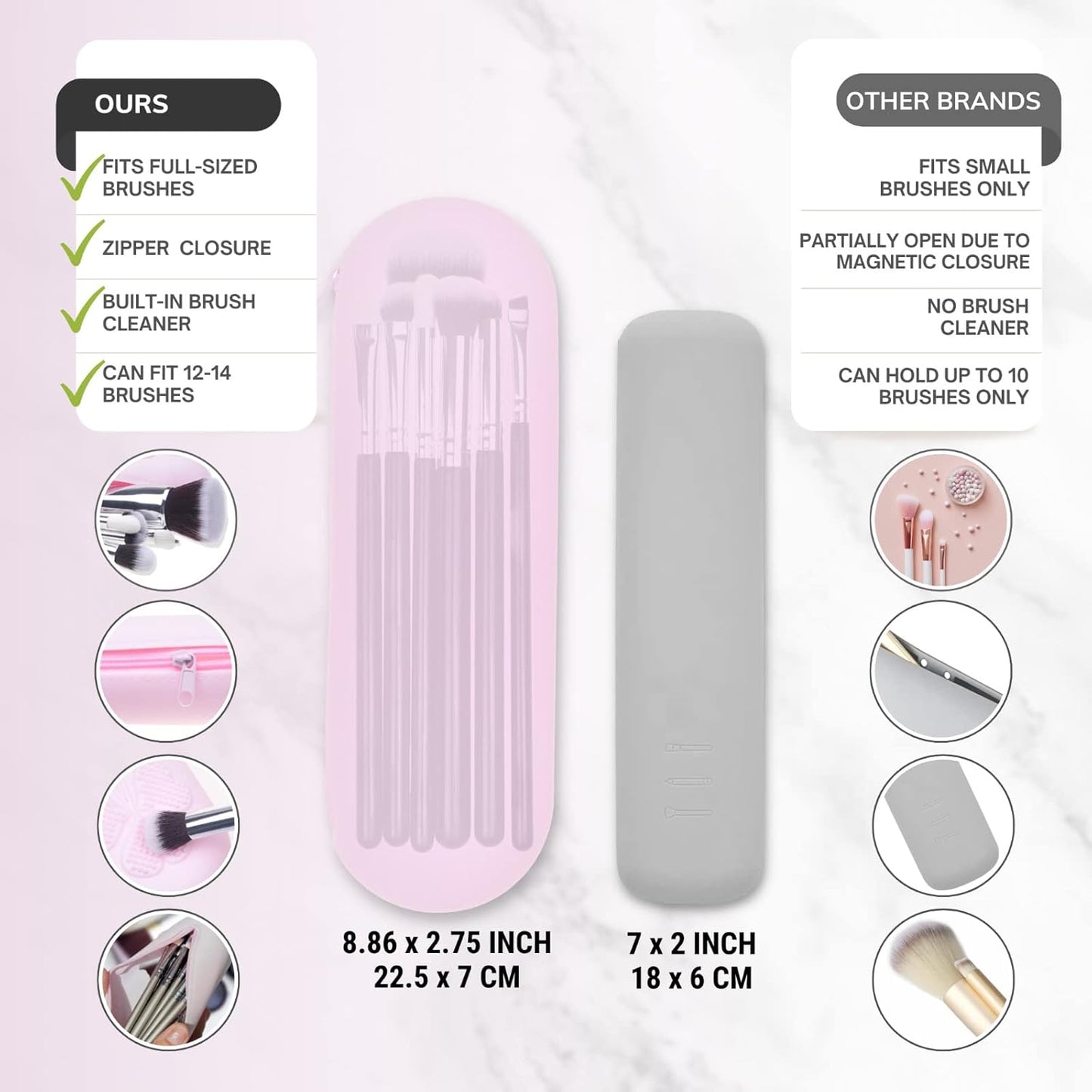 Travel Makeup Brush Holder with Zipper, 2 Pack, Silicon Trendy and Portable Cosmetic Face Brushes Holder, Soft and Sleek Makeup Tools Organizer for Travel (Pink & Black)