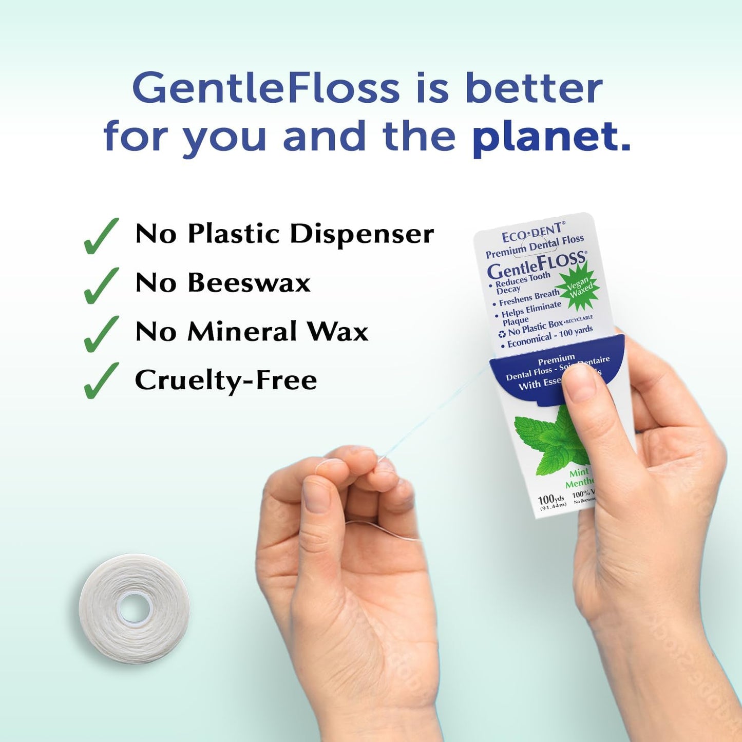 Gentlefloss Dental Floss, Waxed, Mint - Floss with Vegan Plant-Based Wax, Recyclable Cardboard Packaging, 100 Yds Ea (Pack of 6)