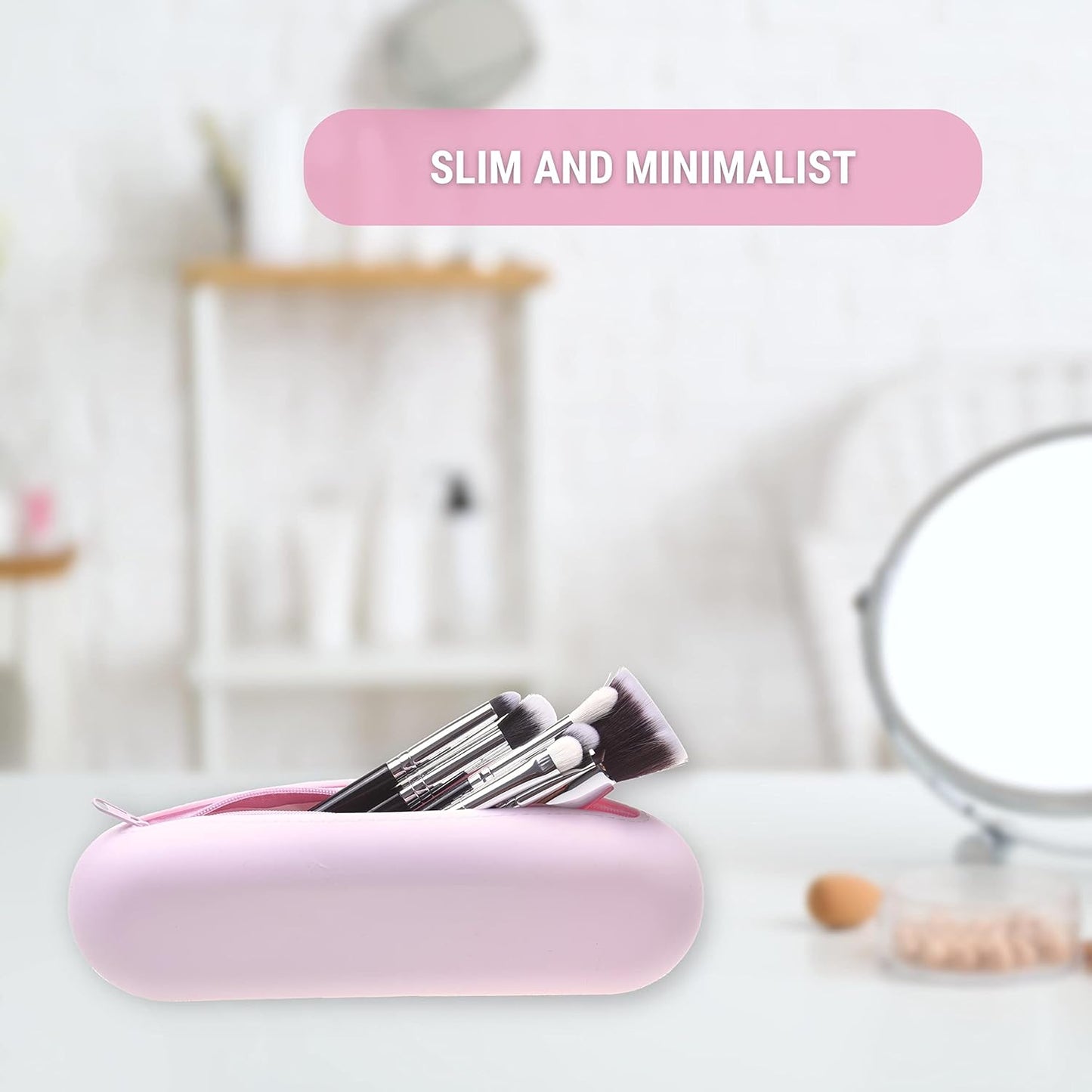 Travel Makeup Brush Holder with Zipper, 2 Pack, Silicon Trendy and Portable Cosmetic Face Brushes Holder, Soft and Sleek Makeup Tools Organizer for Travel (Pink & Black)