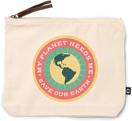 Young Conservationist Collection, Earth, My Planet Needs Me, 100% Cotton Zipper Pouch, Travel Accessory, Go Bag