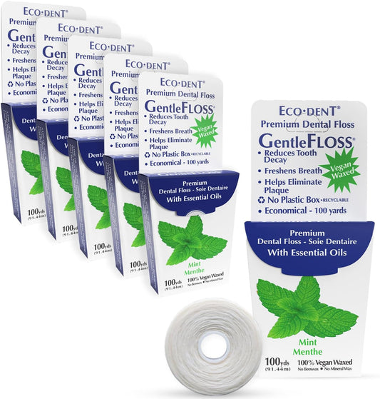Gentlefloss Dental Floss, Waxed, Mint - Floss with Vegan Plant-Based Wax, Recyclable Cardboard Packaging, 100 Yds Ea (Pack of 6)