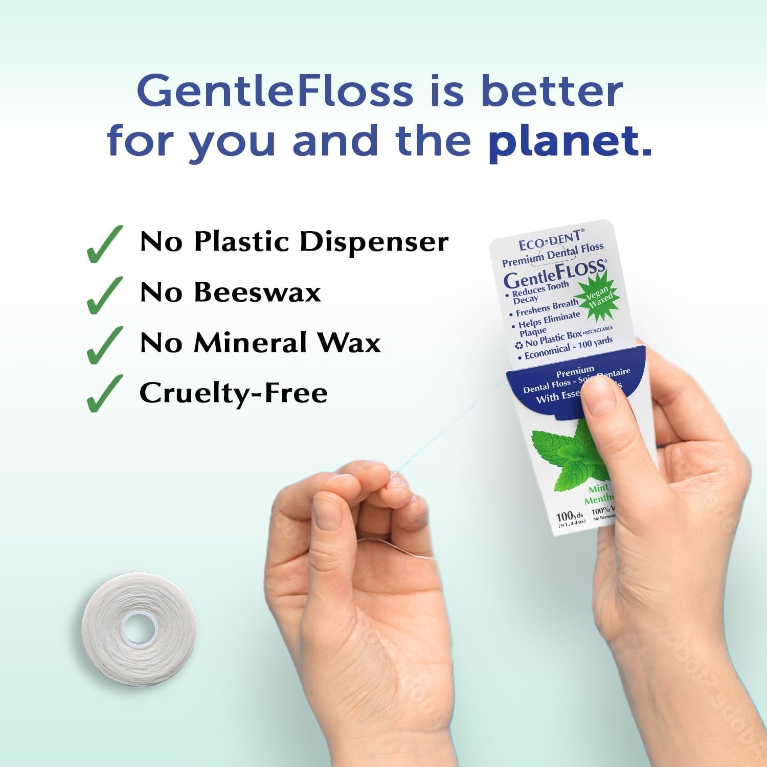 Gentlefloss Dental Floss, Waxed, Mint - Floss with Vegan Plant-Based Wax, Recyclable Cardboard Packaging, 100 Yds Ea (Pack of 6)