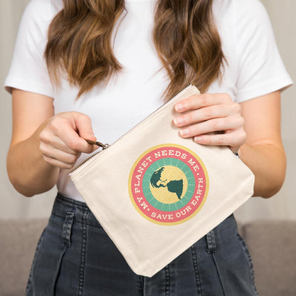 Young Conservationist Collection, Earth, My Planet Needs Me, 100% Cotton Zipper Pouch, Travel Accessory, Go Bag