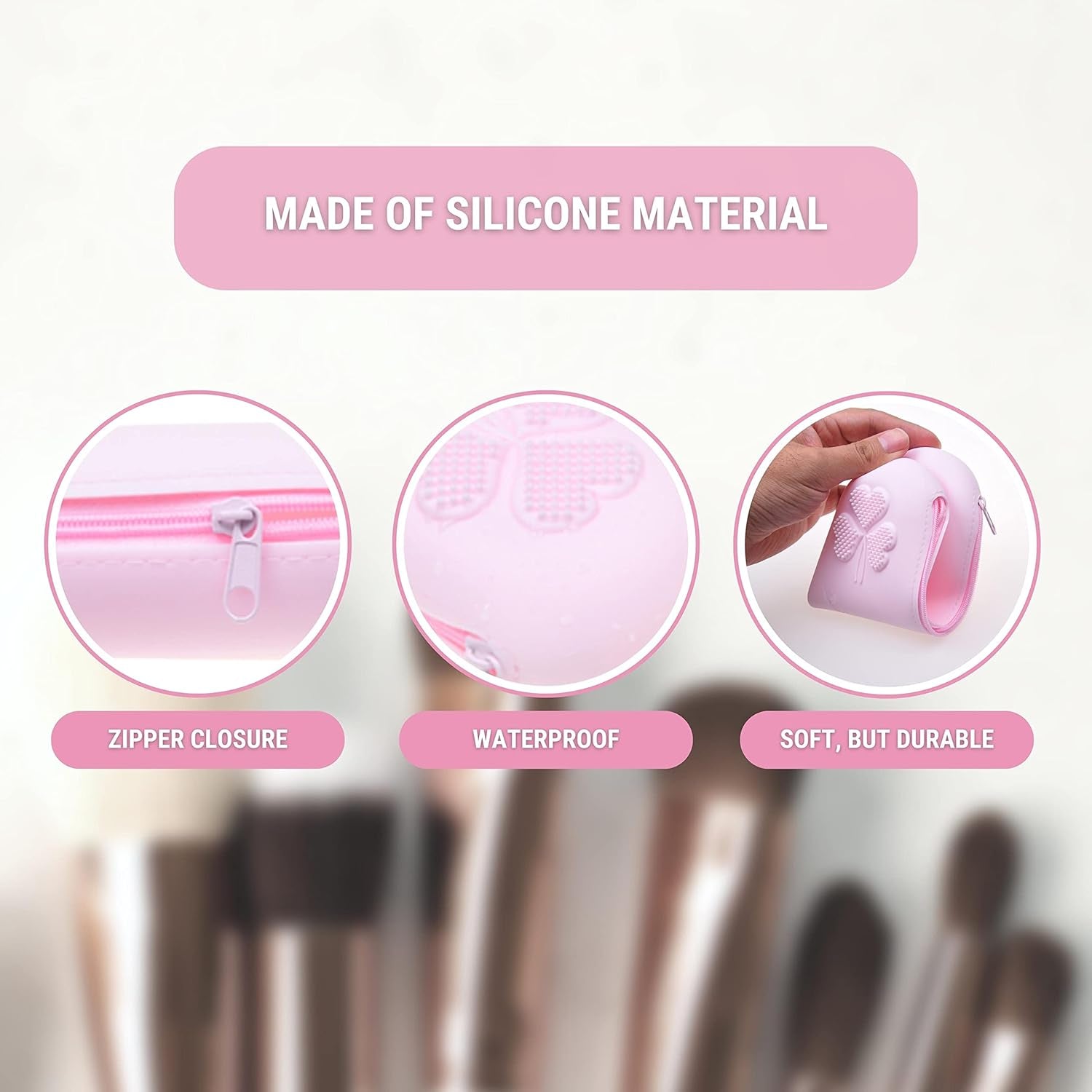 Travel Makeup Brush Holder with Zipper, 2 Pack, Silicon Trendy and Portable Cosmetic Face Brushes Holder, Soft and Sleek Makeup Tools Organizer for Travel (Pink & Black)