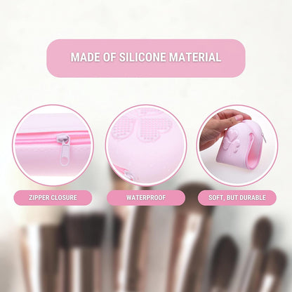 Travel Makeup Brush Holder with Zipper, 2 Pack, Silicon Trendy and Portable Cosmetic Face Brushes Holder, Soft and Sleek Makeup Tools Organizer for Travel (Pink & Black)