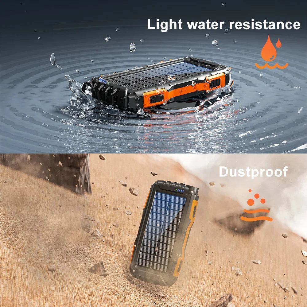Solar Charger 20000Mah Power Bank Portable Solar Phone Charger, Camping Waterproof External Battery Charger for Cell Phone, 2 Usb/Led Flashlight with Compass for Outdoor Activities