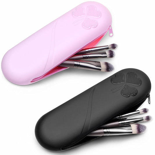 Travel Makeup Brush Holder with Zipper, 2 Pack, Silicon Trendy and Portable Cosmetic Face Brushes Holder, Soft and Sleek Makeup Tools Organizer for Travel (Pink & Black)