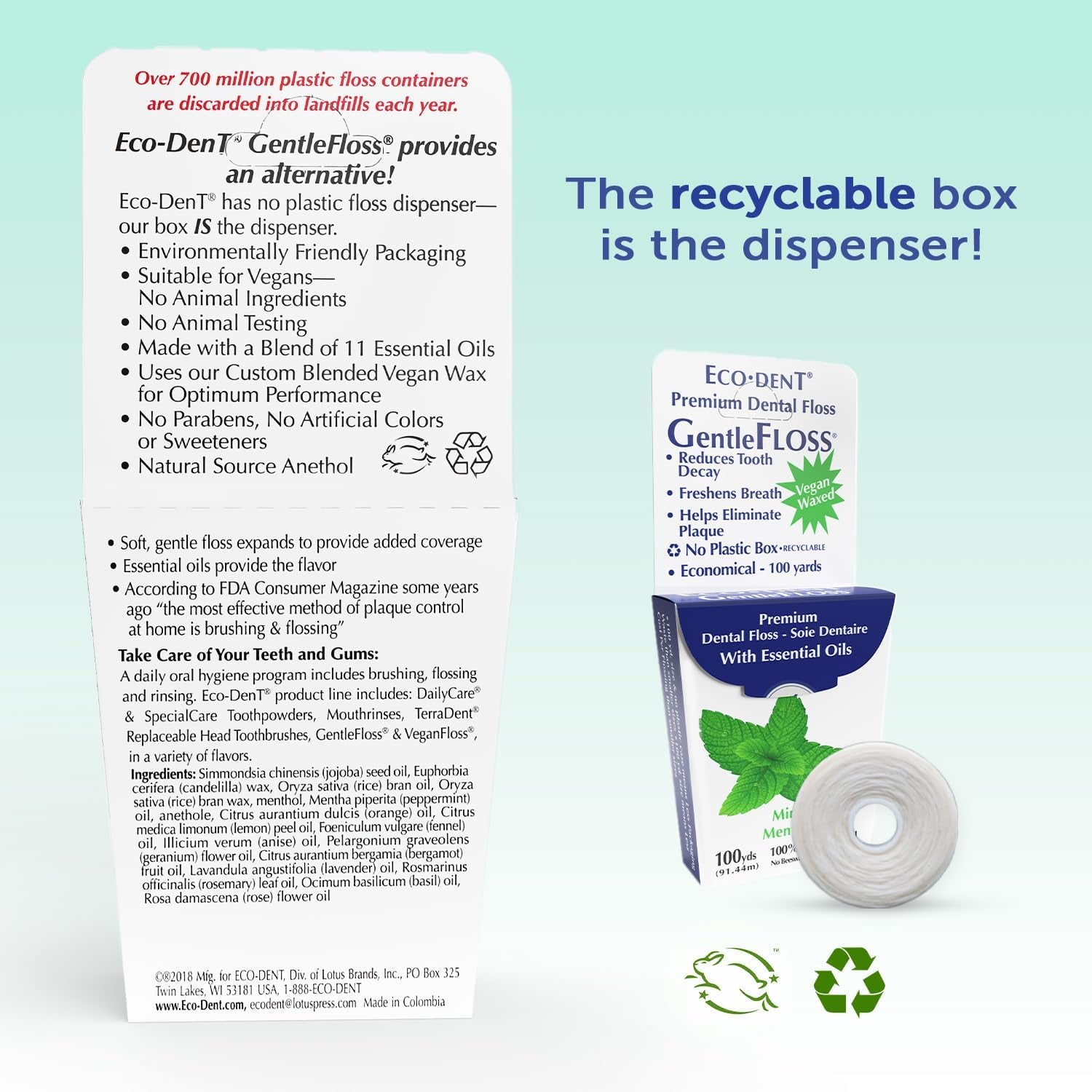 Gentlefloss Dental Floss, Waxed, Mint - Floss with Vegan Plant-Based Wax, Recyclable Cardboard Packaging, 100 Yds Ea (Pack of 6)