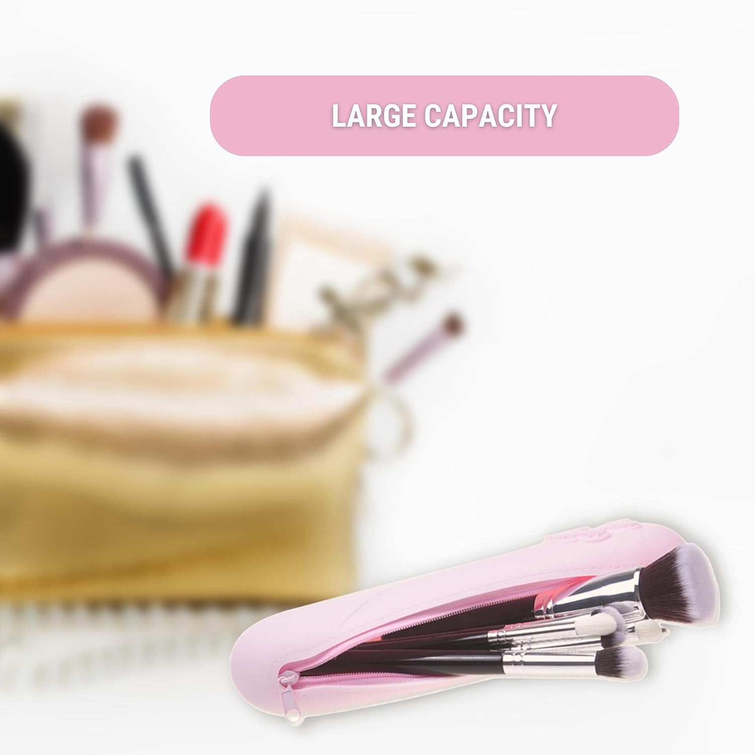 Travel Makeup Brush Holder with Zipper, 2 Pack, Silicon Trendy and Portable Cosmetic Face Brushes Holder, Soft and Sleek Makeup Tools Organizer for Travel (Pink & Black)