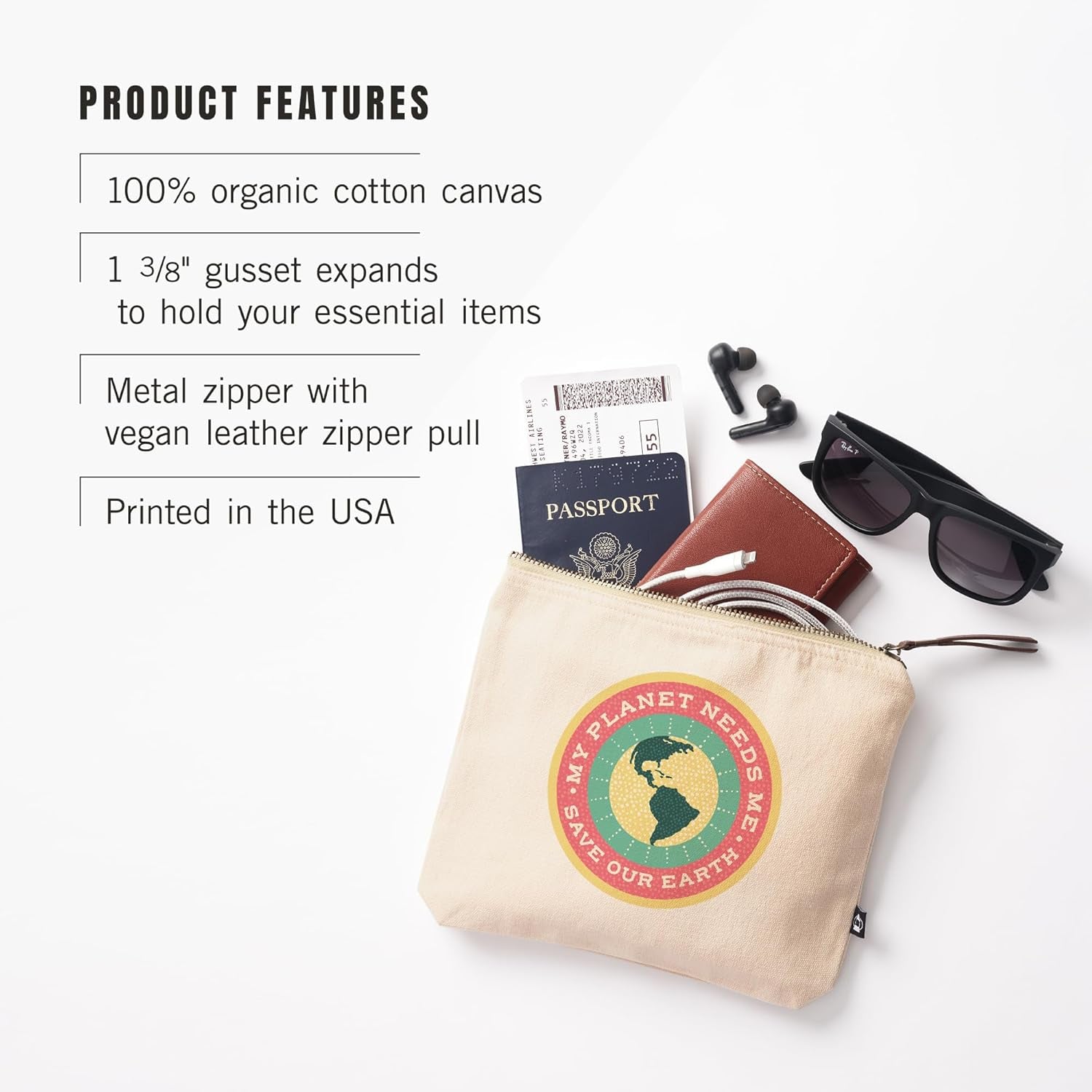 Young Conservationist Collection, Earth, My Planet Needs Me, 100% Cotton Zipper Pouch, Travel Accessory, Go Bag