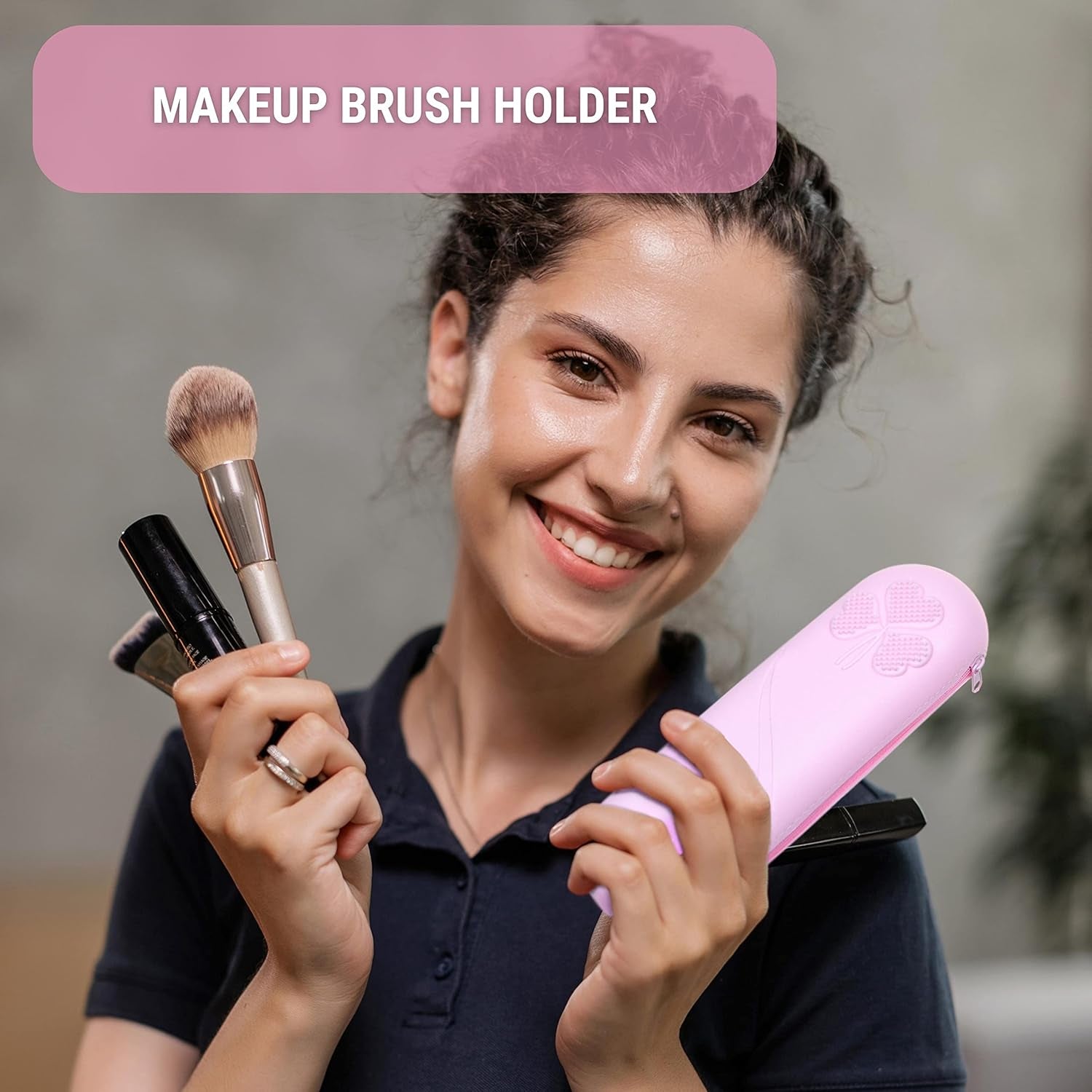 Travel Makeup Brush Holder with Zipper, 2 Pack, Silicon Trendy and Portable Cosmetic Face Brushes Holder, Soft and Sleek Makeup Tools Organizer for Travel (Pink & Black)